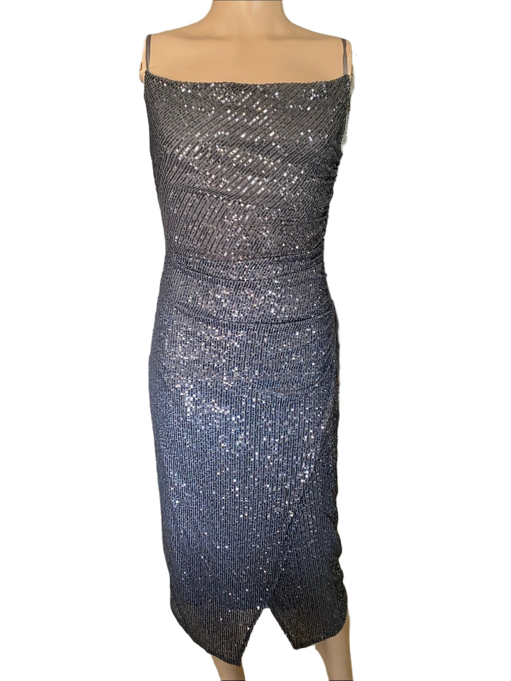 Laundry By Shelli Segal Gunmetal Sequin Off-Shoulder Midi Dress